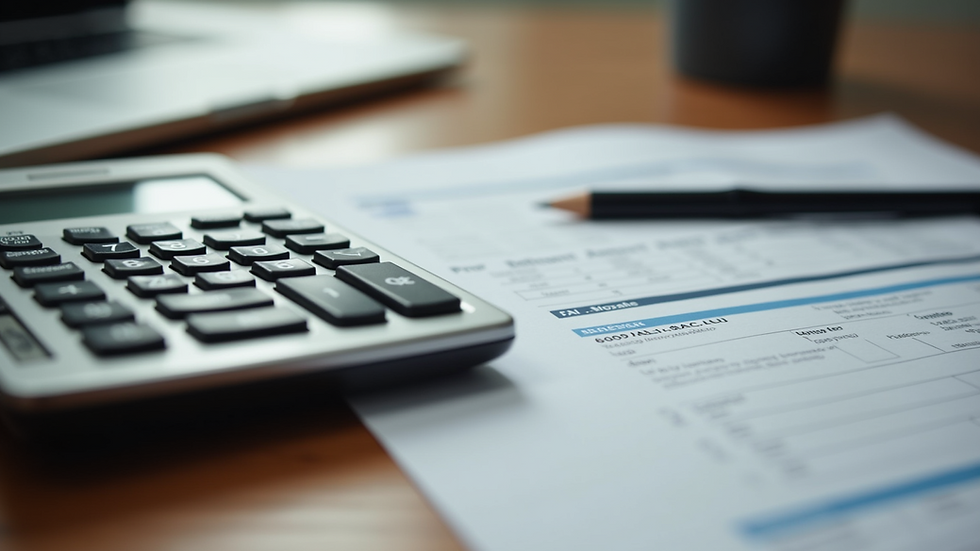 Close-up view of a calculator and tax documents on a wooden table