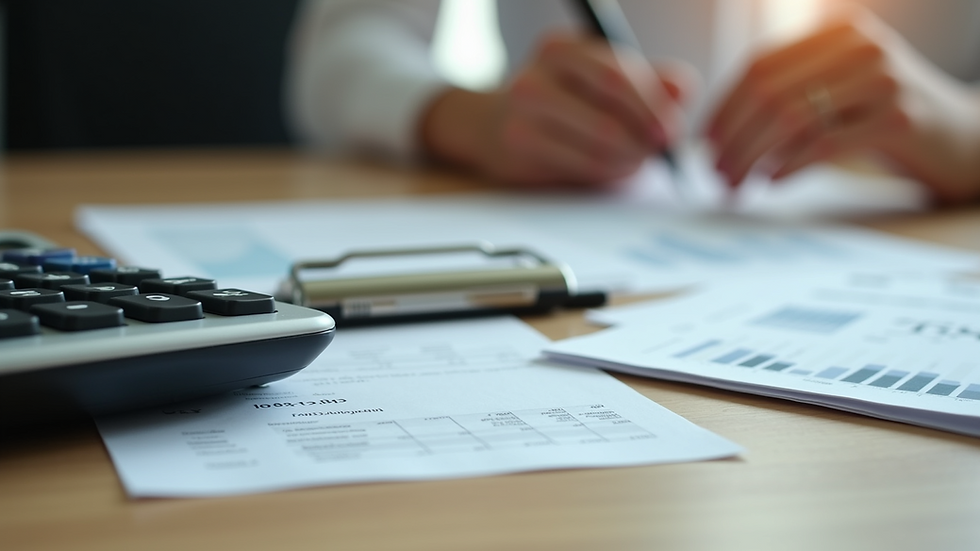 Eye-level view of a calculator and financial documents on a wooden table