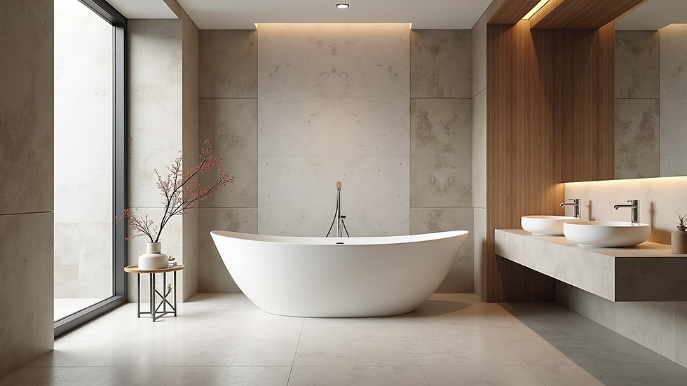 Eye-level view of a modern bathroom with freestanding tub and natural stone walls