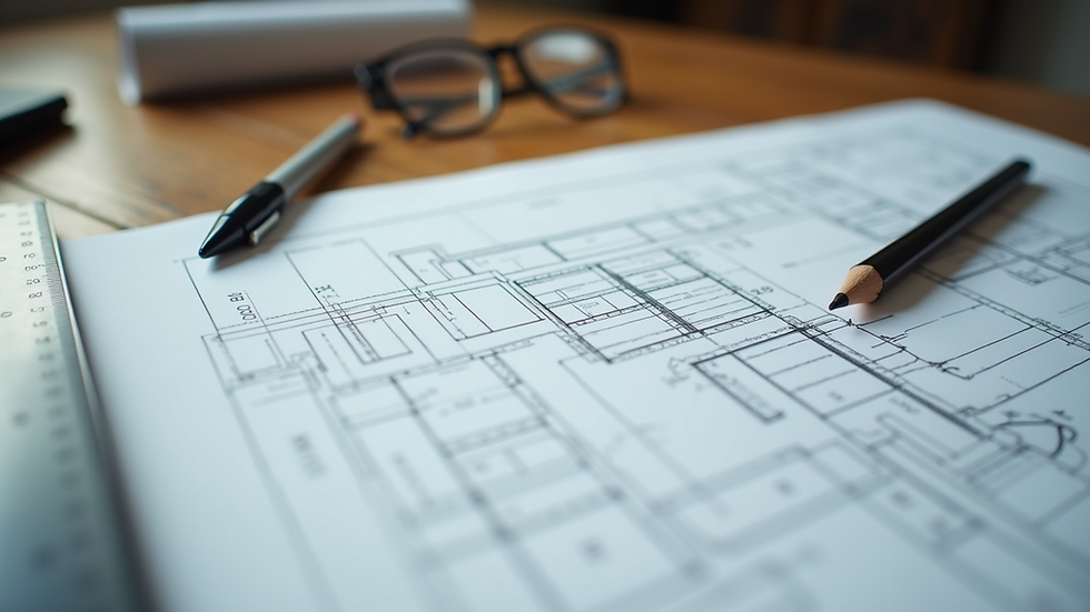 Close-up view of a blueprint with a pencil and ruler on a wooden table
