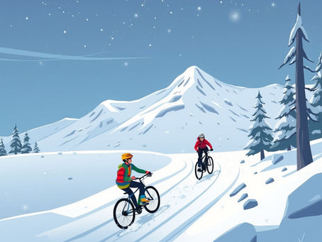 ciclistas que paran con la montaña en un claro todo nevado hacen un muñeco de nieve