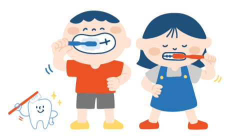 歯磨きマンと一緒に、歯磨きをする男の子と女の子のイラスト