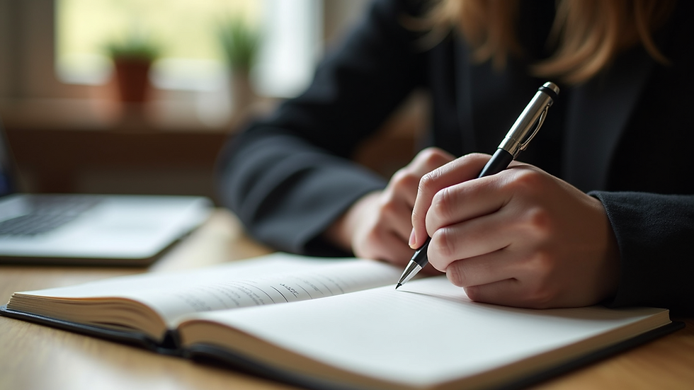 Eye-level view of a person writing notes in a journal on a wooden desk