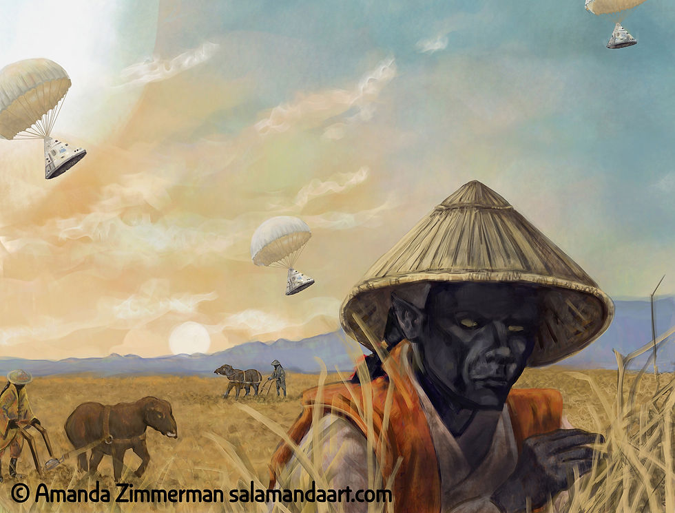 Humans descend from the station to the Atevi homeworld- the agrarian community on Mospeira.