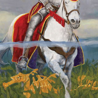 A knight on a white horse wade into deep water unaware of sea dragons hidden in the seaweed below. Castle in the distance.