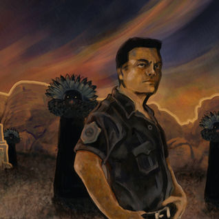 Police officer stands before a pueblo at sunset with mysterious dark figures in the background