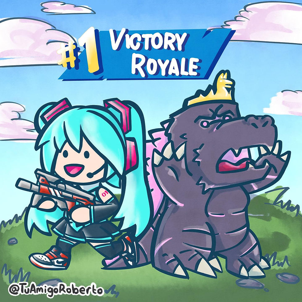 Miku Royale - Ilustración inspirada en la inclusión de Hatsune Miku y Godzilla en el juego de Fortnite.