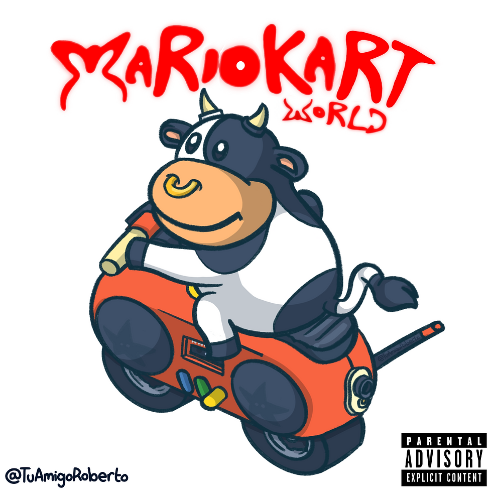 Vaquita Kart - Ilustración inspirada en el personaje de la Vaca que apareció en el tráiler de "Mario Kart World" que se hizo viral en Abril 2025. La composición es una parodia a la portada y el branding del álbum "Motomami" de la cantante Rosalía.