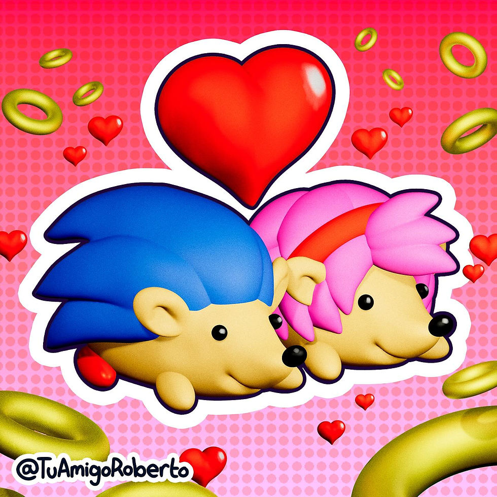 Erizos Enamorados - Ilustración 3D inspirada en los personajes de Sonic the Hedgehog, reimaginados como personajes con proporciones más parecidas a las de un erizo normal. Los personajes son rediseños realizados por mí en un iPad Pro.