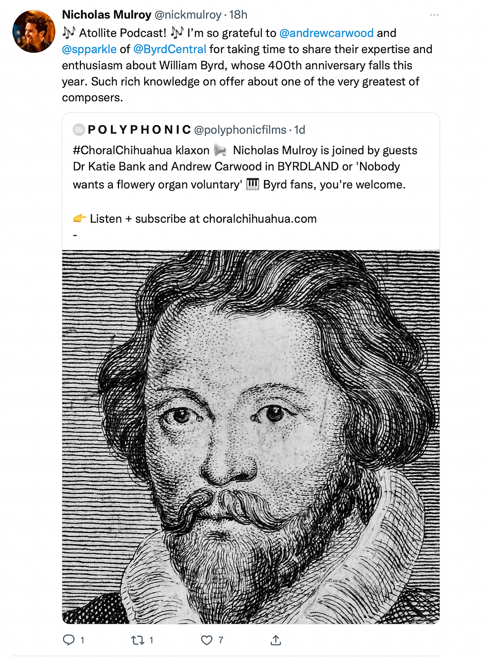 tweet from @nickmulroy advertising the podcast with the pun 'Atollite Podcast'