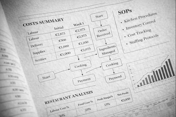 Black and white overview of catering business systems showing cost summary tables SOPs process flow diagrams and profit analysis for event catering operations