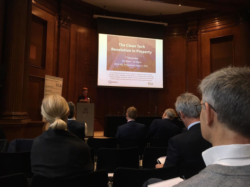 "The clean tech revolution in property" visual treatment used in keynote presentations at Parliament Square.