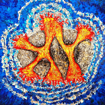 Mixed media painting, 3d art, abstract, volcano island, lava, ocean, waves, rocky