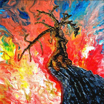 Mixed media paining, 3d art, abstract, mountain, tree, rock, sky on fire