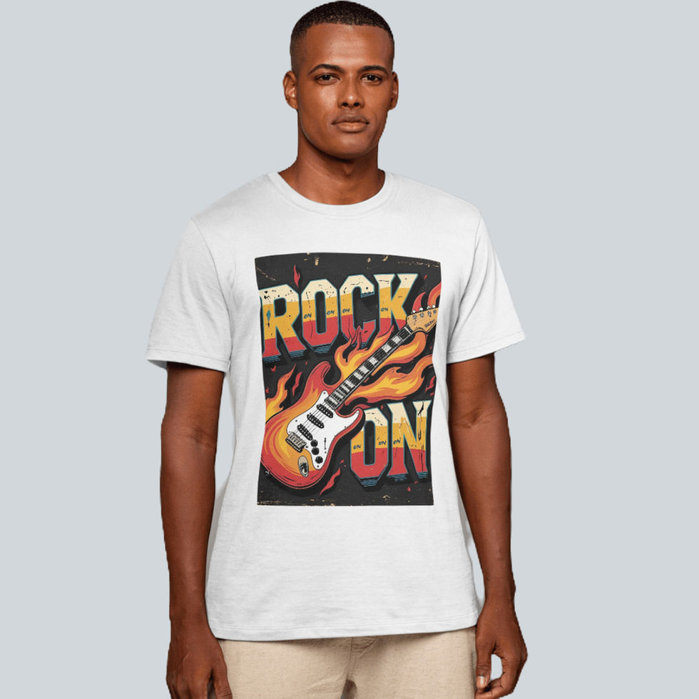Mann mit weiß bedrucktem T-Shirt. Aufschrift Rock on farbig hinterlegt