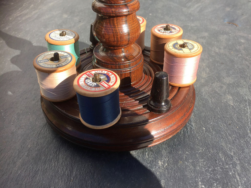 Thumbnail: Antique Reel,Thimble and Pin Cushion Stand