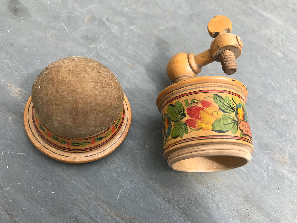 Thumbnail: Antique Painted Tunbridge Ware Clamp, Pin Cushion & Storage Box