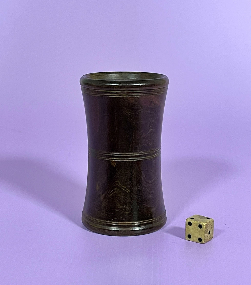 Antique Treen Lignum Vitae Dice Shaker & Georgian Bone Dice