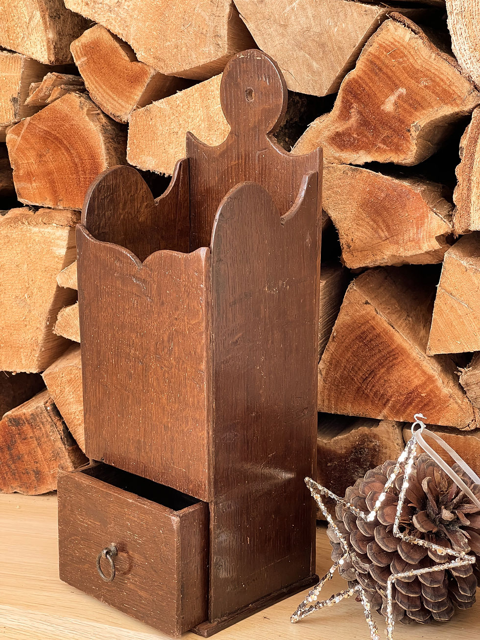 Thumbnail: Antique Oak Wall Hanging Box - with drawer