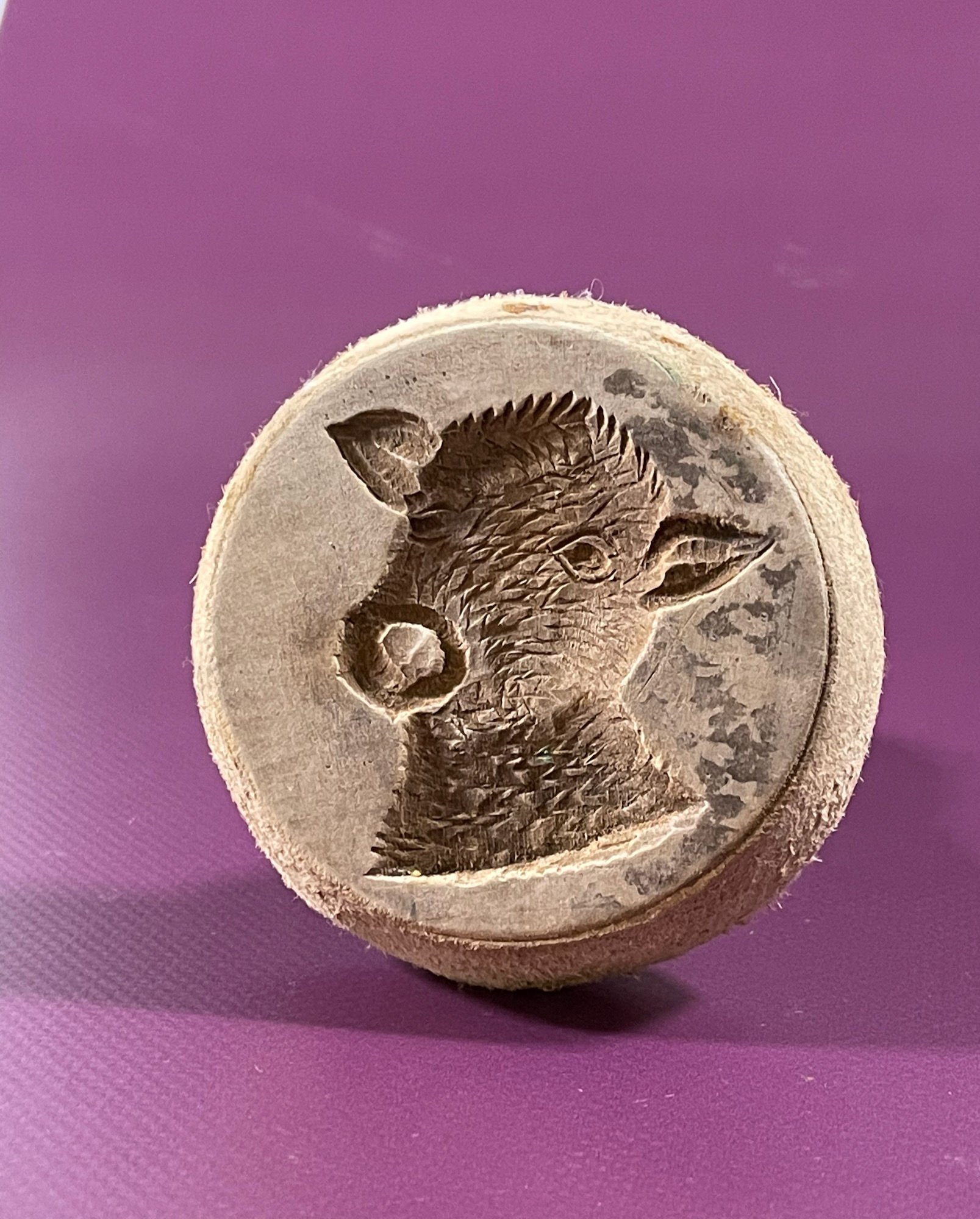 Antique Treen Butter Stamp - unusual being a calf