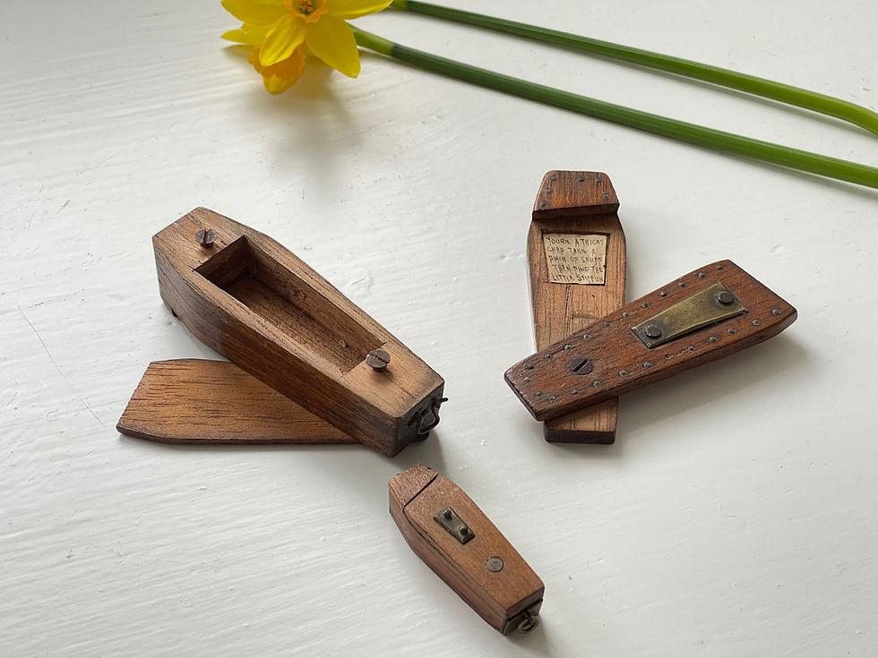 Thumbnail: Antique Treen Triple Puzzle Coffin Snuff Box - with mottoes