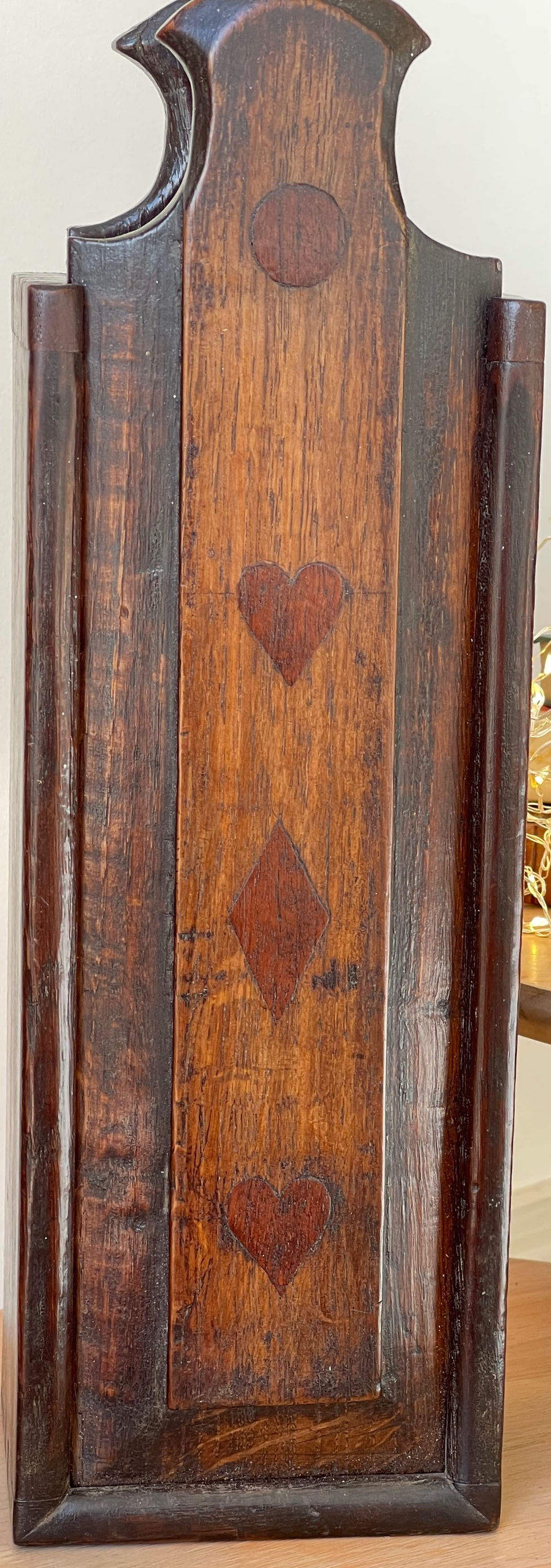 Thumbnail: Antique  Oak Candle Box - inlaid hearts and diamonds