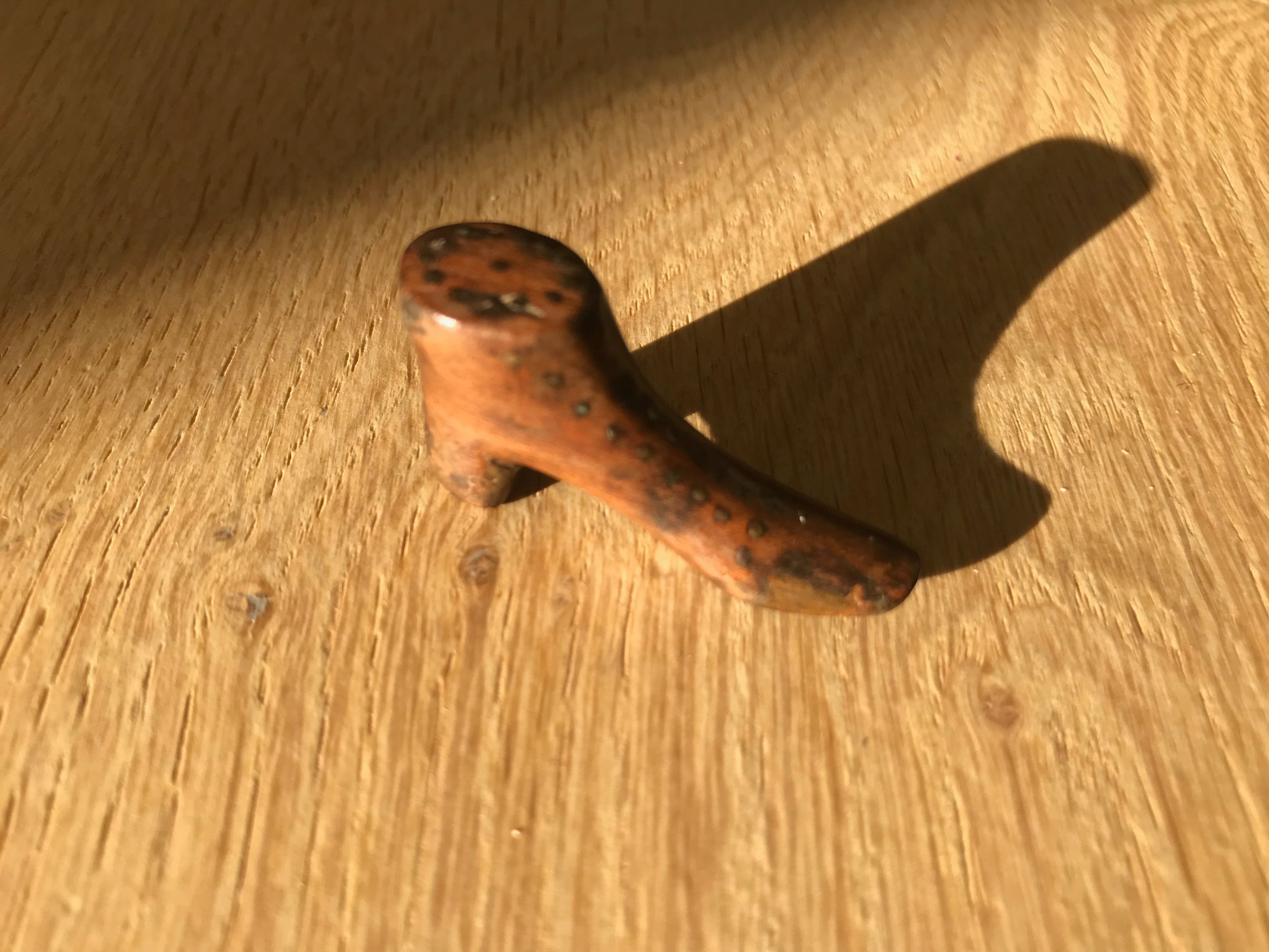 A Mini Treen Shoe - brass pique work