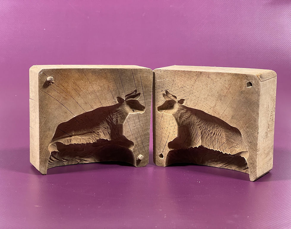 Antique Treen Two Piece Butter Mould - bull