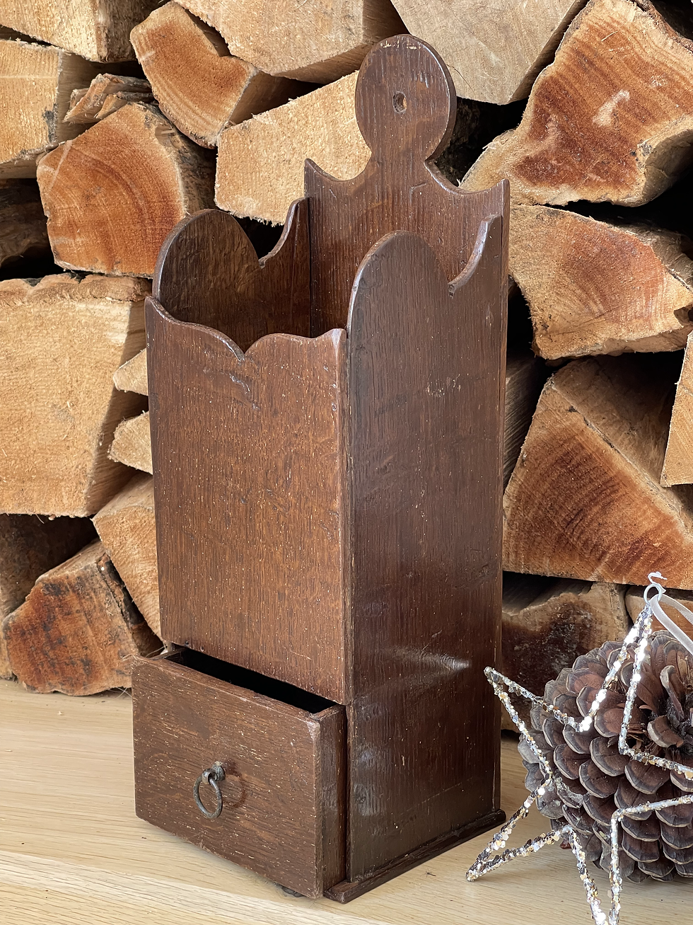 Thumbnail: Antique Oak Wall Hanging Box - with drawer