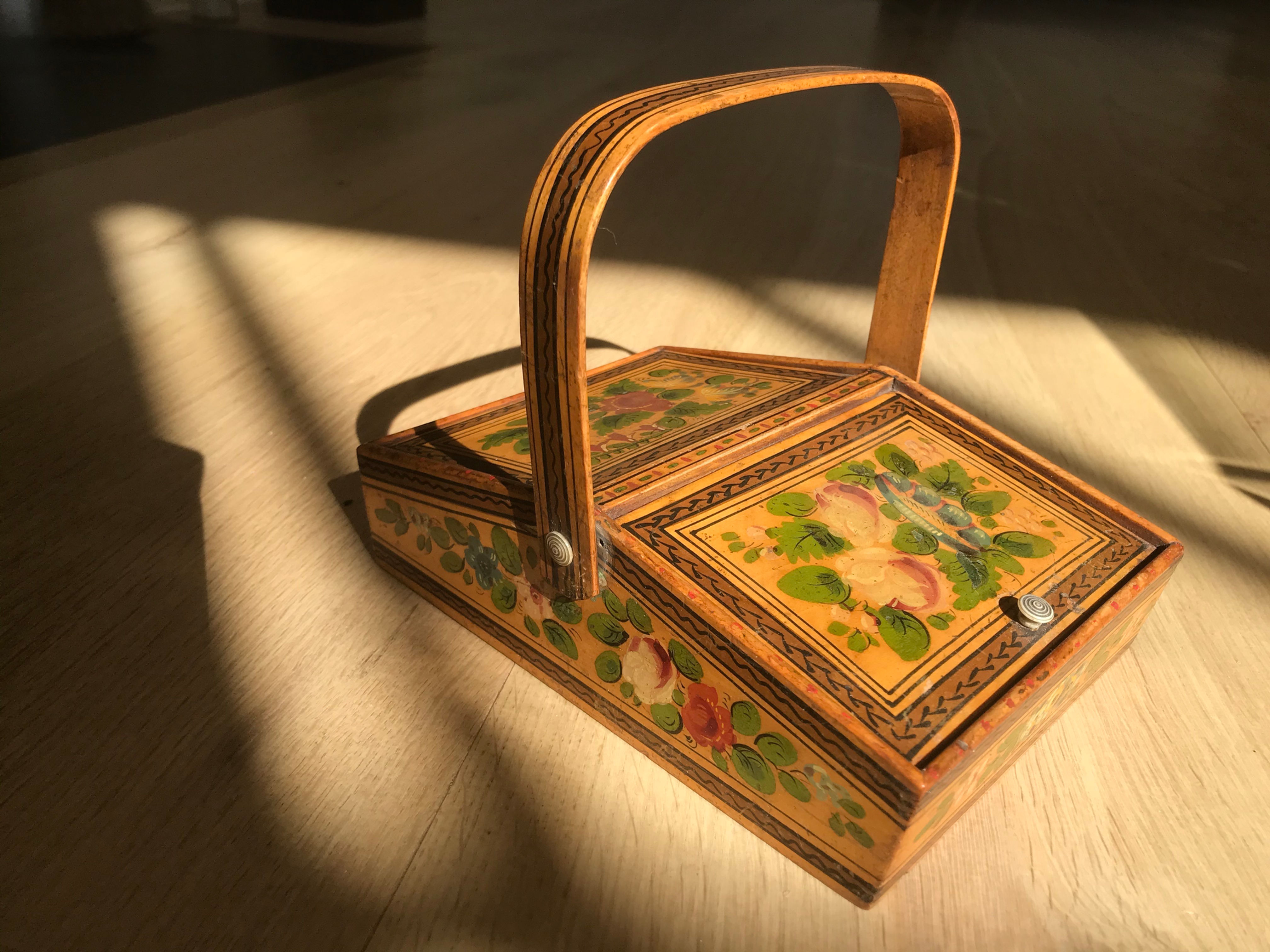 Antique Sewing Pannier Box - with contents