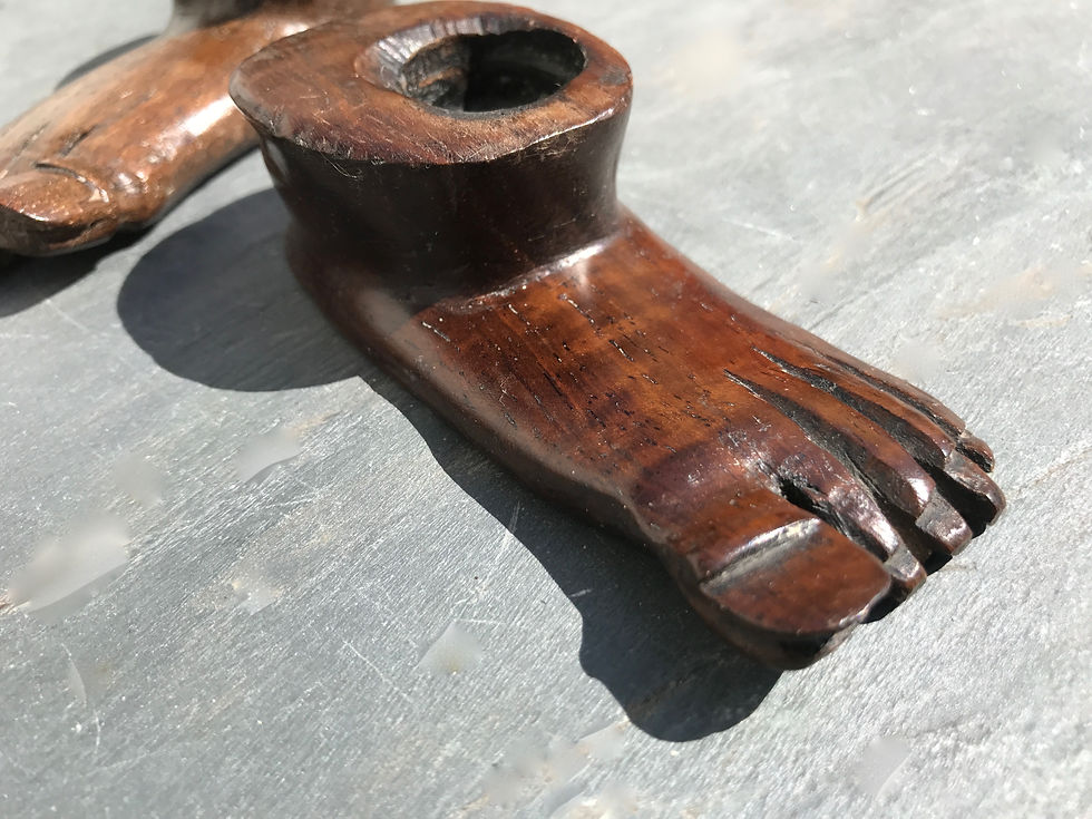 Thumbnail: Two Unusual Antique Oak Novelty Candlesticks - Feet