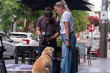 AA Video Production crew reviewing footage during an outdoor dog product shoot.