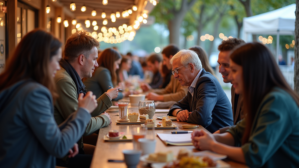 Eye-level view of a community fundraising event with people gathered around a booth