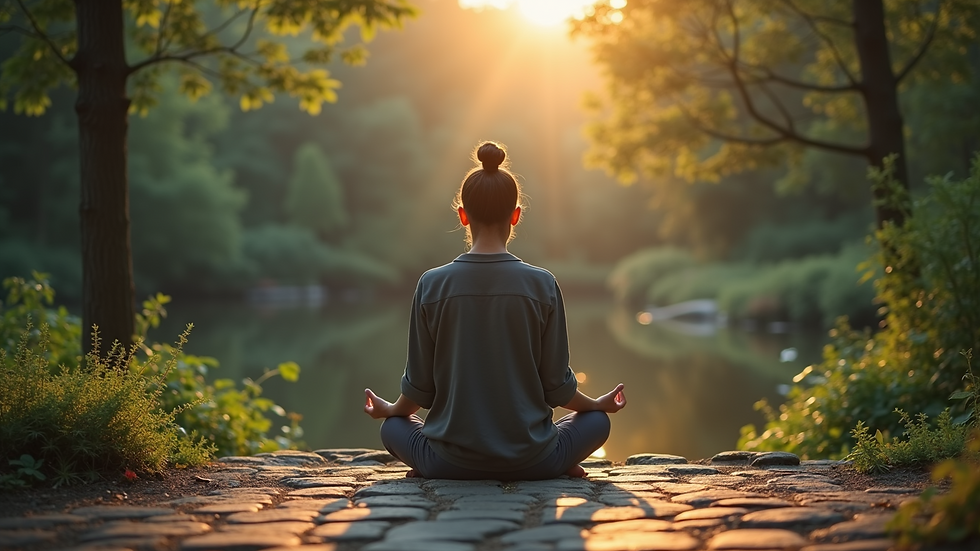 Eye-level view of a person meditating in a peaceful setting