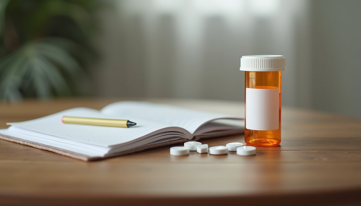 Eye-level view of a medication bottle and recovery journal on a wooden table