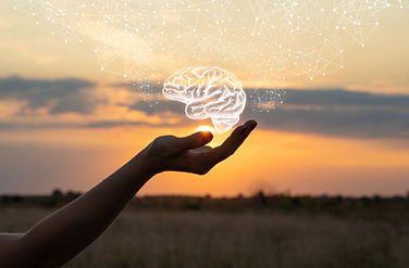 Hand holding an image of a brain against a sunset in Englewood, CO for therapy. You can get help for grief and loss in counseling in the Denver area at Catalyss Counseling 80209 and 80210