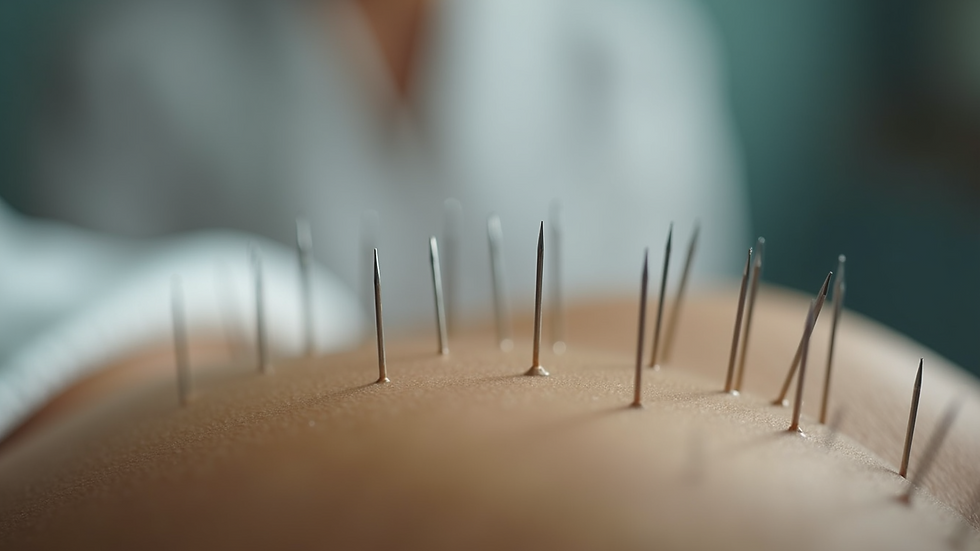 Close-up view of acupuncture needles inserted in a patient's back