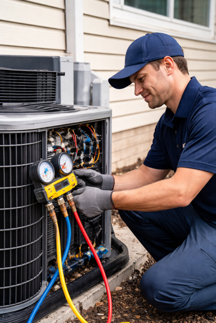 HVAC repair technician in Lehi Utah fixing AC unit