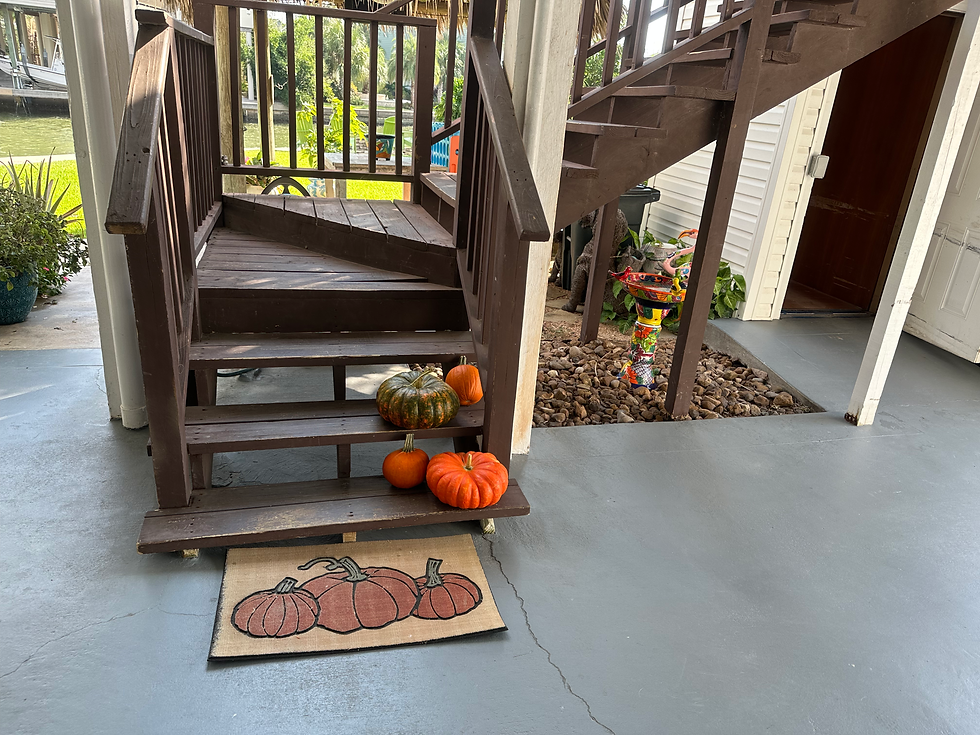 Pumpkins and a pumpkin rug on the stairs.
