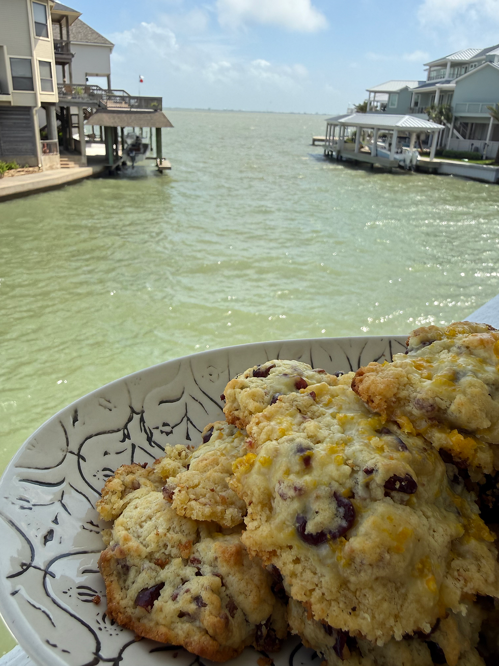 Scones on a patterned plate with a view of waterfront houses under a blue sky. The scene is peaceful and bright. No visible text.
