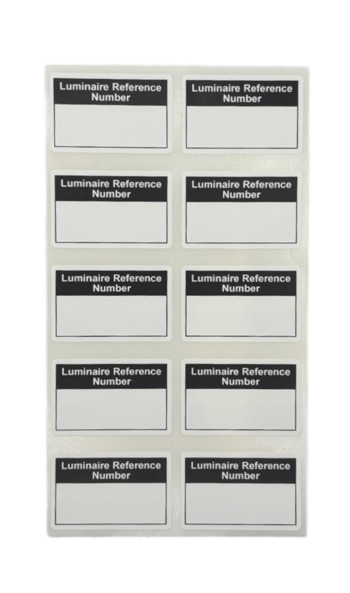 Sheet of Luminaire ID labels. White text "Luminaire Reference Number" on black background