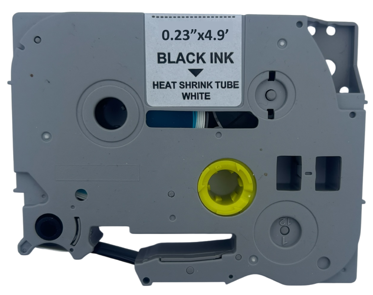 Grey Brother label cassette side view. Label showing the size. Yellow drive cog