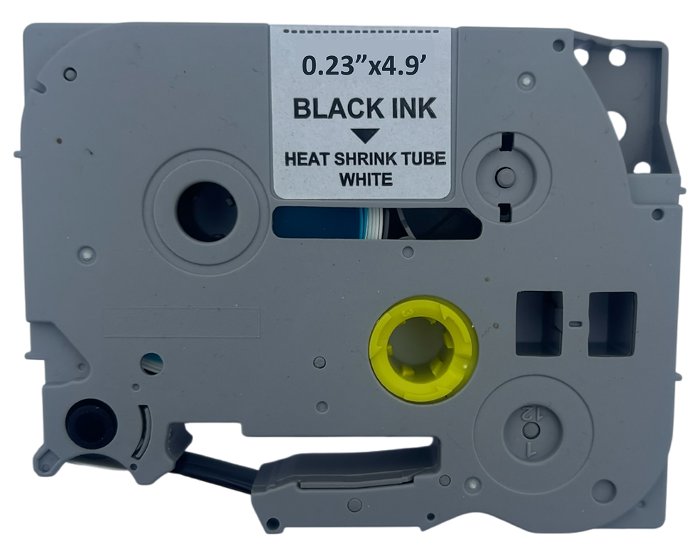 Grey Brother label cassette side view. Label showing the size. Yellow drive cog