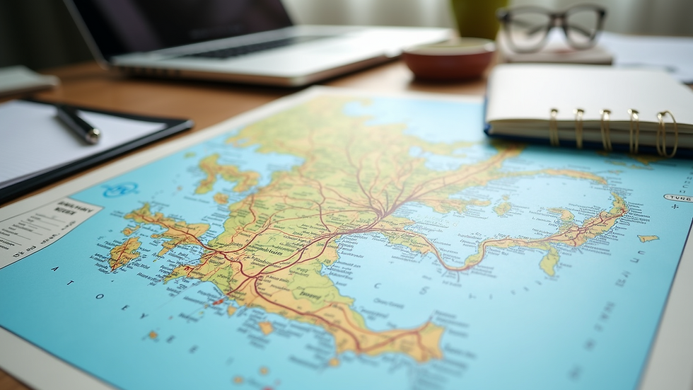 High angle view of a travel planner’s desk with maps and itinerary notes