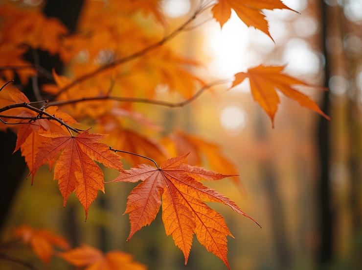 Vibrant autumn leaves falling gently in a tranquil woodland setting.