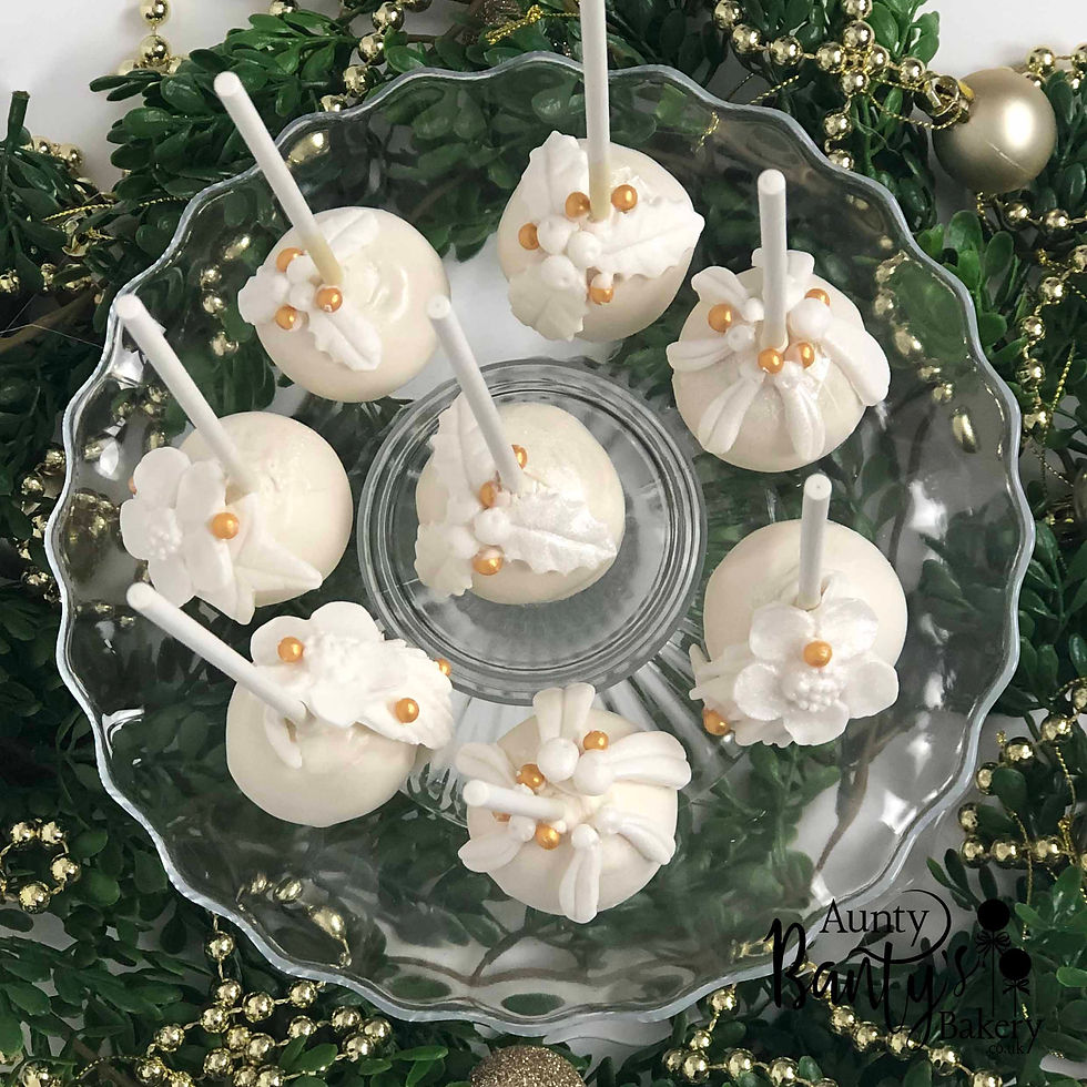 Thumbnail: Elegant Christmas cake pop coated in white chocolate with holly, pine, and poinsettia details