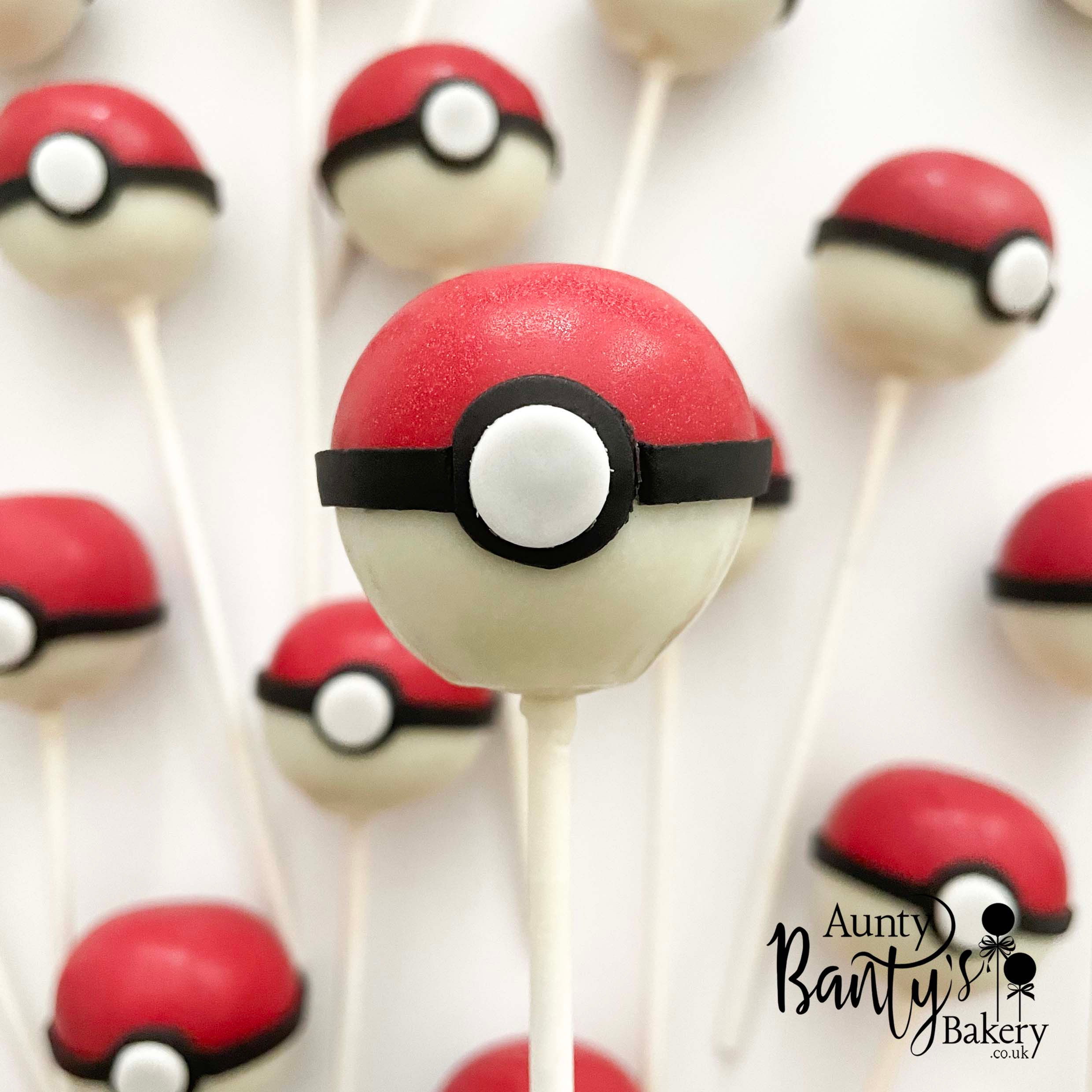 Pokémon Ball cake pops decorated in red & white chocolate with Poké Ball in fondant design