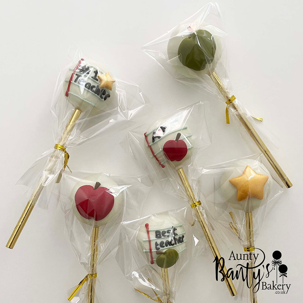 Thumbnail: Teacher Thank You Cake Pops individually wrapped in cellophane bags.