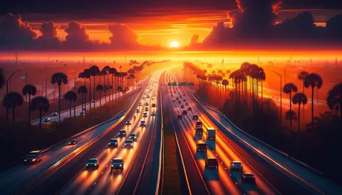 A Florida highway during sunset with vehicles' headlights illuminating the road, and the silhouetted palm trees against a vibrant sunset sky with deep oranges and reds.