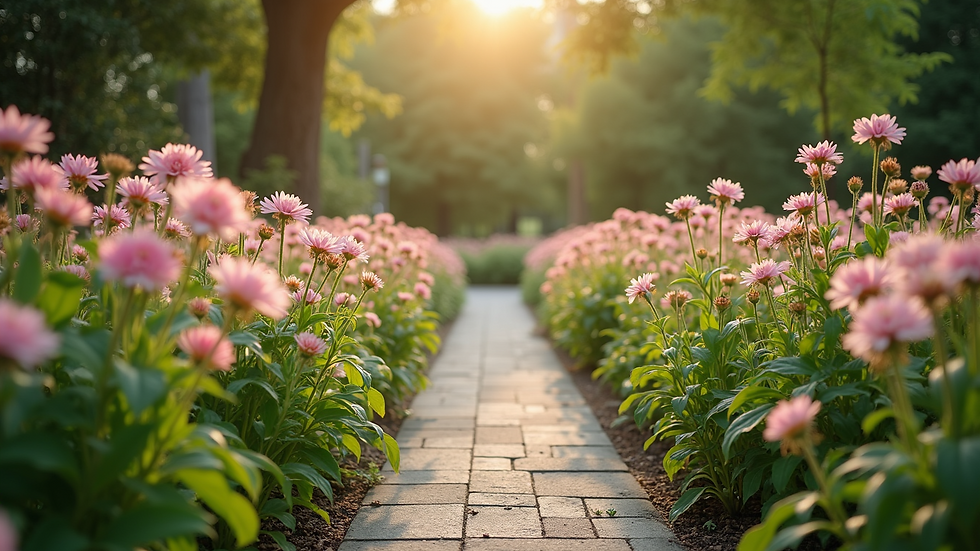 High angle view of a peaceful garden pathway surrounded by blooming flowers
